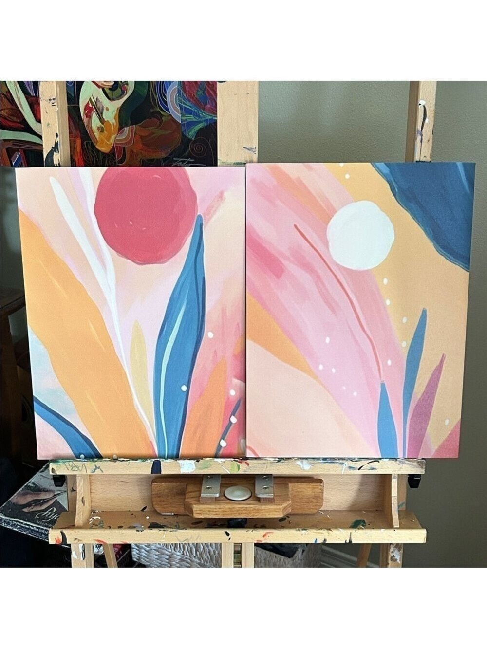 Abstract Art Canvas Red Blue Accents Set 2